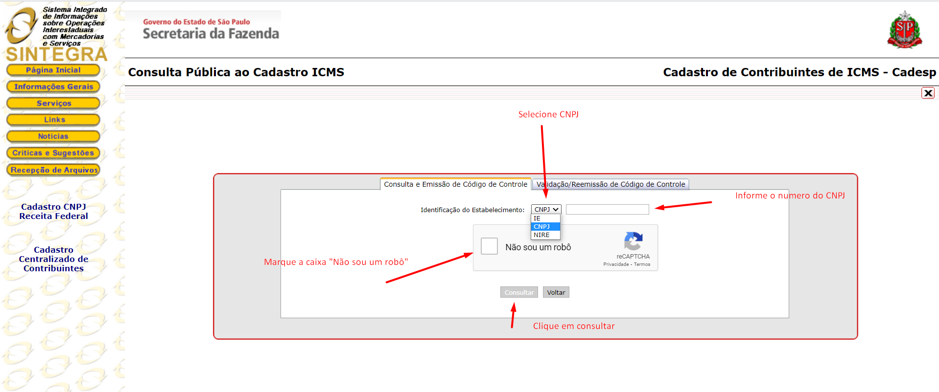 selecione o estado site sintegra